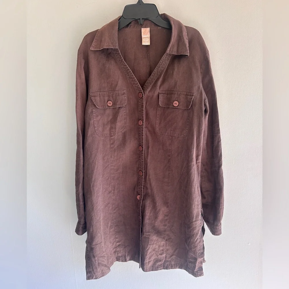 Y2K WEAR IT Brown Oversized Linen Tunic Shirt Jacket Lagenlook Earthy Boho Sz 0 - Picture 3 of 14